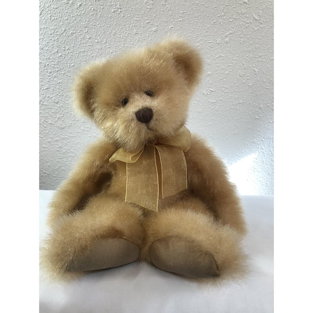 Russ Berrie Pennington‎ Teddy Bear From the Past Gold Shiny Velvet Paws Bow